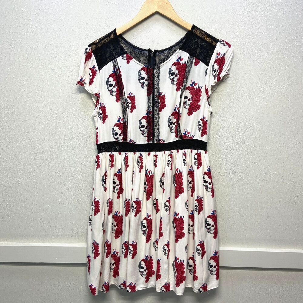 Vintage Royal Bones By Daang Sugar Skull & Rose Lace Shift Dress Size M